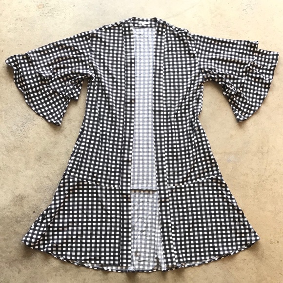 Le Lis Sweaters - Le Lis Gingham Plaid Bell Sleeve Ruffle Cardigan L